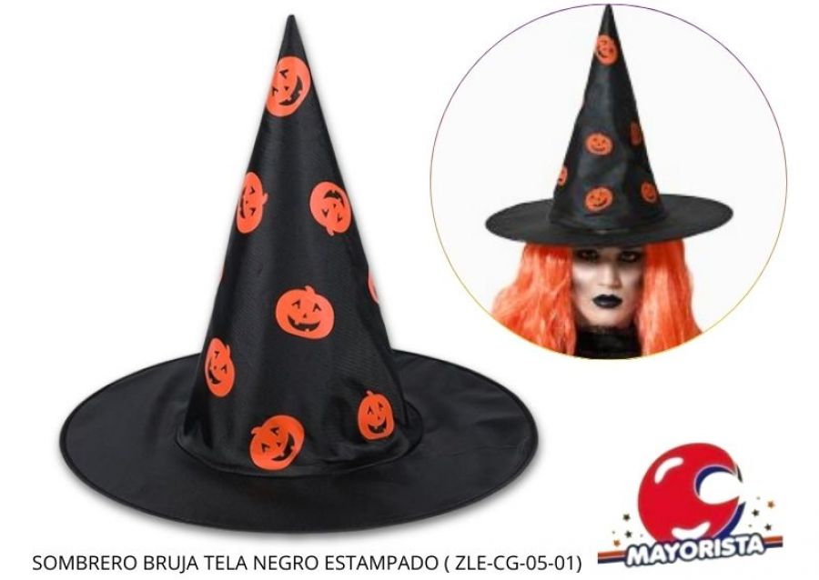 [2367] SOMBRERO BRUJA TELA NEGRO ESTAMPADO (ZLE-CG-05-01) ERIK
