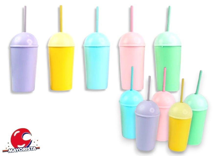[2437] VASO PLASTICO PASTEL CON TAPA ESFERA Y SORBETE  16CM (4543) STILO