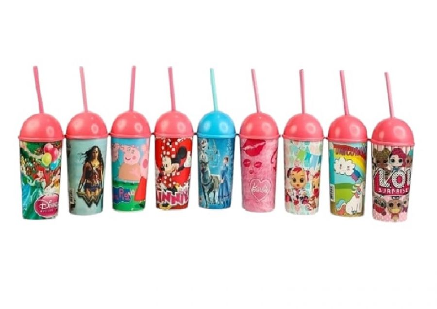 [2365478952656] VASO PLASTICO PERSONAJES CON TAPA ESFERA Y SORBETE 16CM (4484) STILO