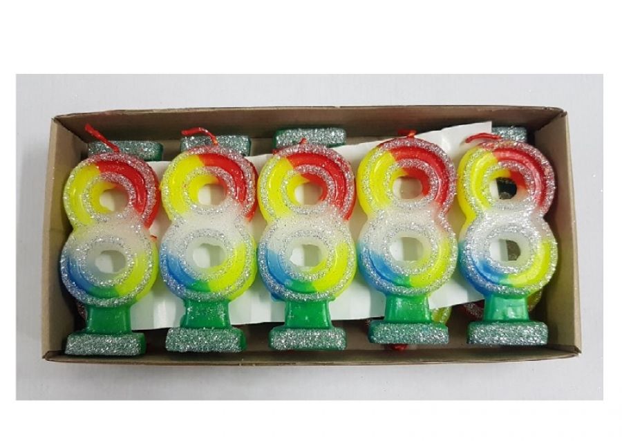 [2040] VELA NUMEROTE 8 MULTICOLOR C/GIBRE X 1 (X10) - VELAS MULTICOLOR