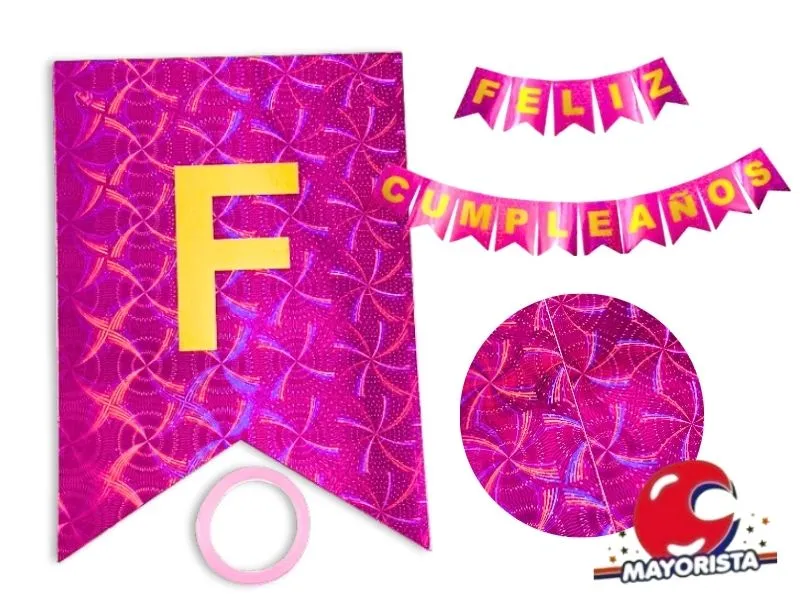 [6281] BANDERIN CARTON HOLOGRAFICO FUCSIA FELIZ CUMPLE (YW18-096) LCOST