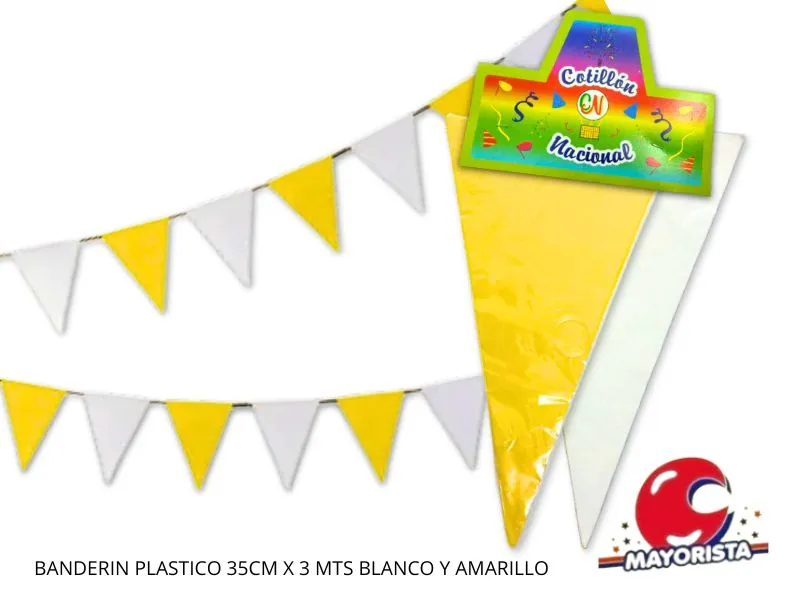 BANDERIN PLASTICO 35CM X 3 MTS AMARILLO Y BLANCO (1092) COTILLON NACIONAL