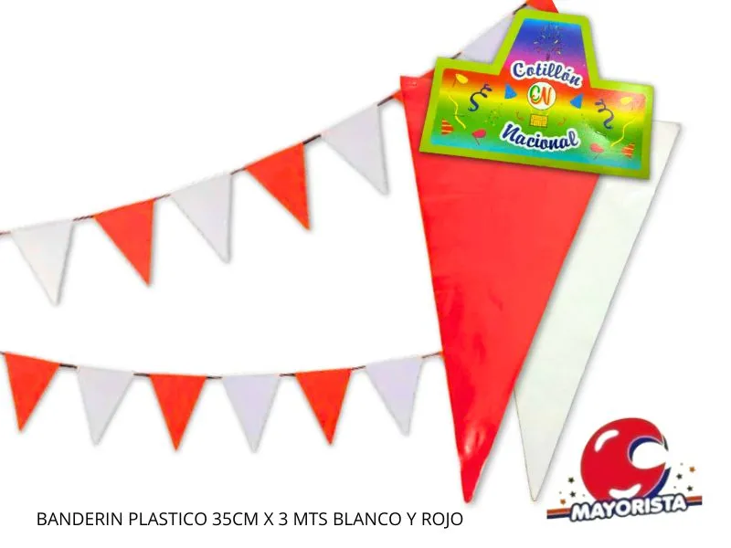 [7798152810136] BANDERIN PLASTICO 35CM X 3 MTS ROJO Y BLANCO (1090) COTILLON NACIONAL