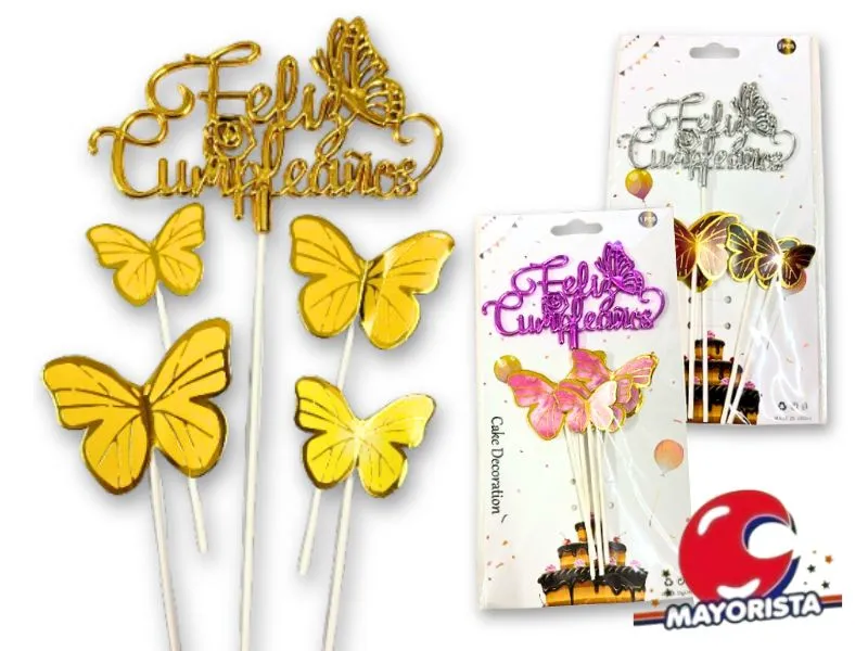[5076] CAKE TOPPER CARTEL FELIZ CUMPLEANOS C/MARIPOSA + 4 MARIPOSAS (ZLE-CTO-32-01/49-01) ERIK