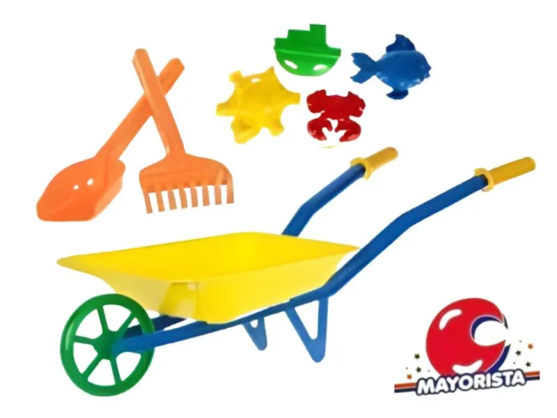 [9273] CARRETILLA PLASTICA C/ PALA Y RASTRILLO GRANDES + 4 MOLDES (0855) RUESTES