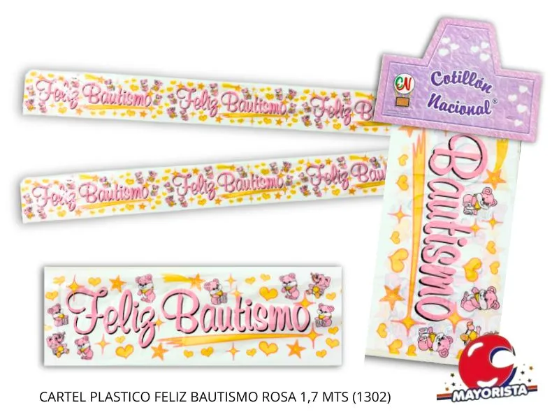 [1613] CARTEL PLASTICO FELIZ BAUTISMO ROSA 1,7 MTS (1302) COTILLON NACIONAL