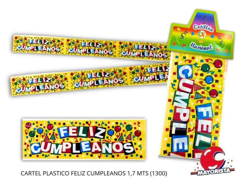 [1625] CARTEL PLASTICO FELIZ CUMPLEANOS 1,7 MTS (1300) COTILLON NACIONAL