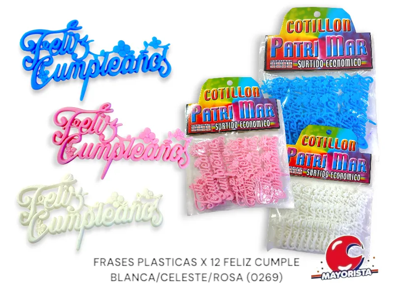 FRASES PLASTICAS X 12 FELIZ CUMPLE BLANCA/CELESTE/ROSA (0269) PATRIMAR