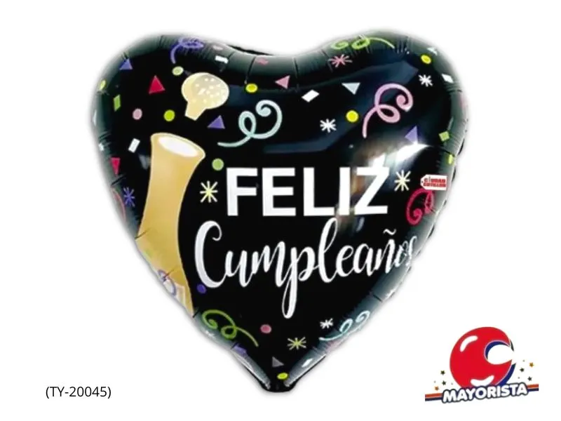 GLOBO MYLAR 18 CORAZON FELIZ CUMPLEANOS NEGRO 45CM (TY-20045) ERIK