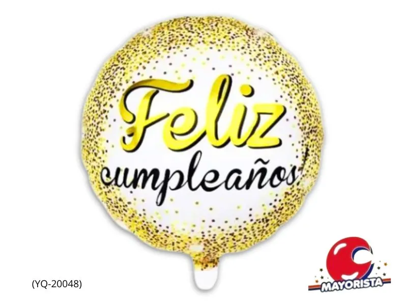 [6318] GLOBO MYLAR 18 REDONDO FELIZ CUMPLE BLANCO CONFETIS DORADOS 45CM (YQ-20048) ERIK