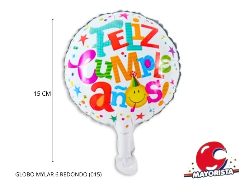GLOBO MYLAR 6 REDONDO FELIZ CUMPLE BLANCO LETRAS MULTICOLOR (015) 15CM - LCOST