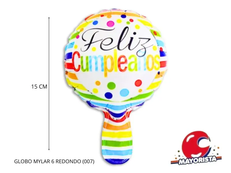 GLOBO MYLAR 6 REDONDO FELIZ CUMPLE BLANCO RAYAS MULTICOLOR (007) 15CM - LCOST