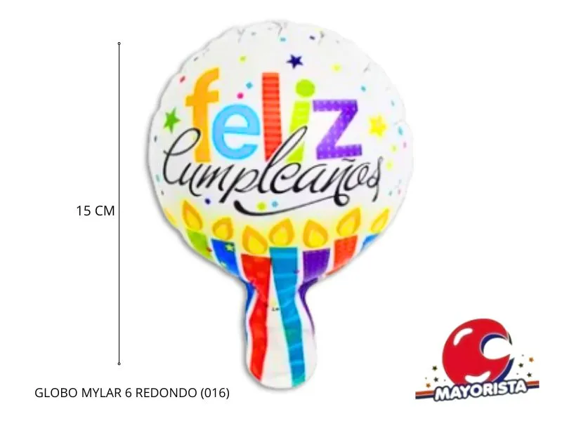 [7635] GLOBO MYLAR 6 REDONDO FELIZ CUMPLE BLANCO VELAS MULTICOLOR (016) 15CM - LCOST