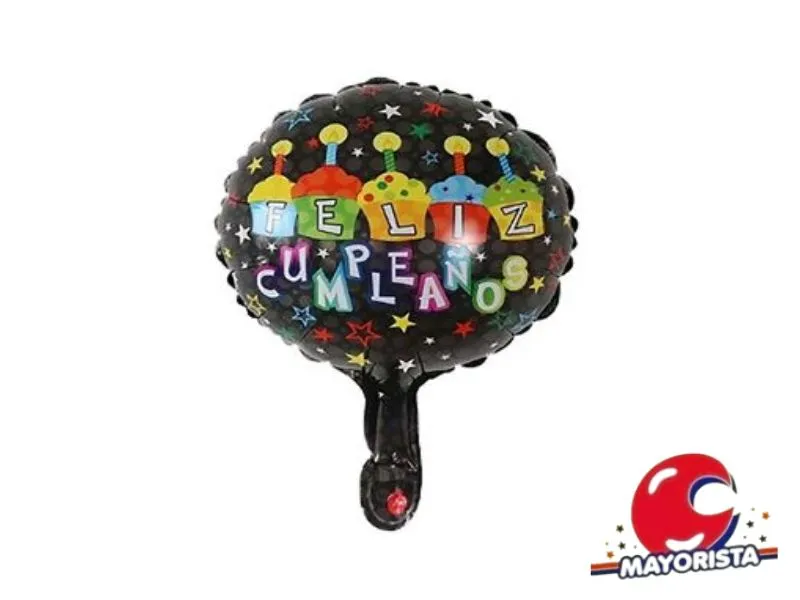 GLOBO MYLAR 6 REDONDO FELIZ CUMPLE NEGRO CUPCAKE Y VELAS (012) 15CM - LCOST