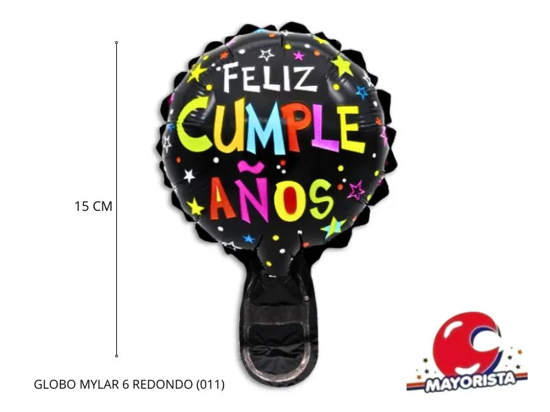 [9610] GLOBO MYLAR 6 REDONDO FELIZ CUMPLE NEGRO LETRAS COLORES (011) 15CM - LCOST