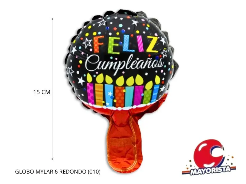 GLOBO MYLAR 6 REDONDO FELIZ CUMPLE NEGRO VELAS COLORES (010) 15CM - LCOST