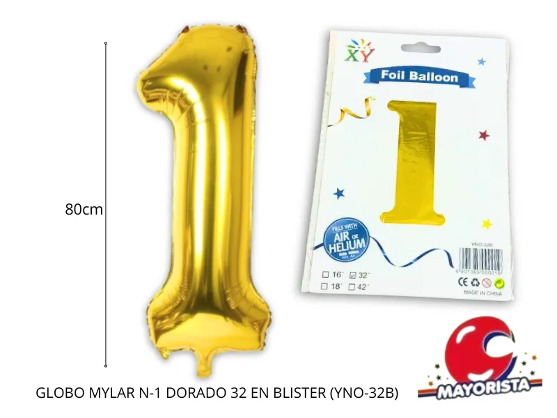 [2481] GLOBO MYLAR N 1 DORADO 32 (80CM) EN BLISTER (YNO-32B) CHG