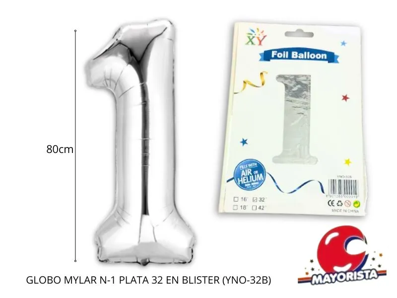 [2574] GLOBO MYLAR N 1 PLATA 32 (80CM) EN BLISTER (YNO-32B) CHG