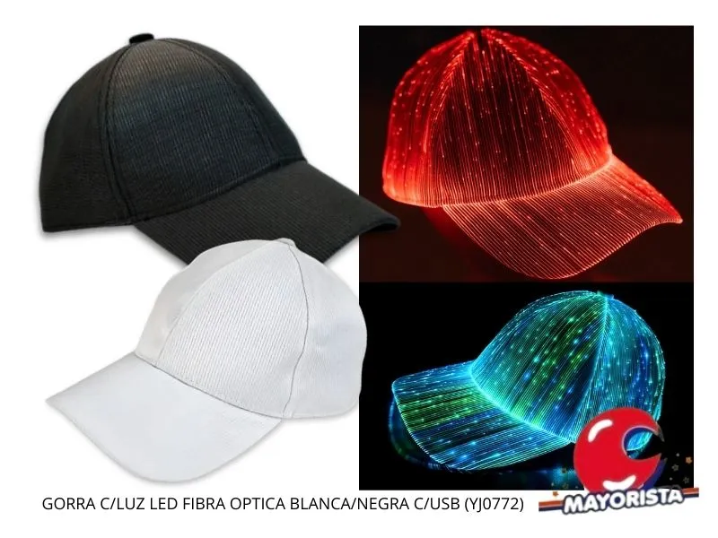 GORRA C/LUZ LED FIBRA OPTICA BLANCA/NEGRA C/USB (YJ0772)