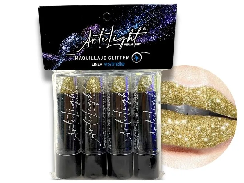 MAQUILLAJE LABIAL C/GLITTER X 4 DORADO DE 5 GRS C/U (7929) ARTELIGHT
