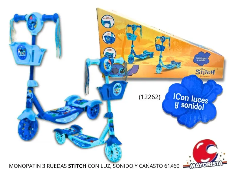 MONOPATIN 3 RUEDAS STITCH CON LUZ, SONIDO Y CANASTO 61X60 (12262) KADA