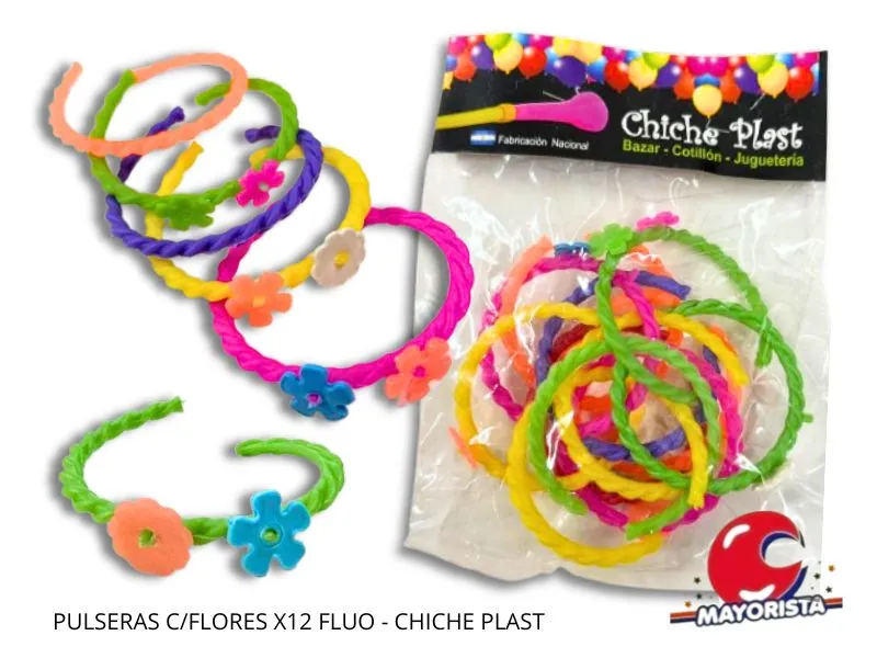 [1892] PULSERAS C/FLORES X12 FLUO - CHICHE PLAST