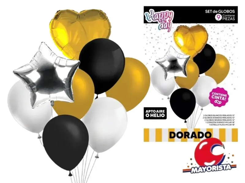 SET DE GLOBOS 9 PCS CORAZON Y ESTRELLA DORADO - ARDITEX