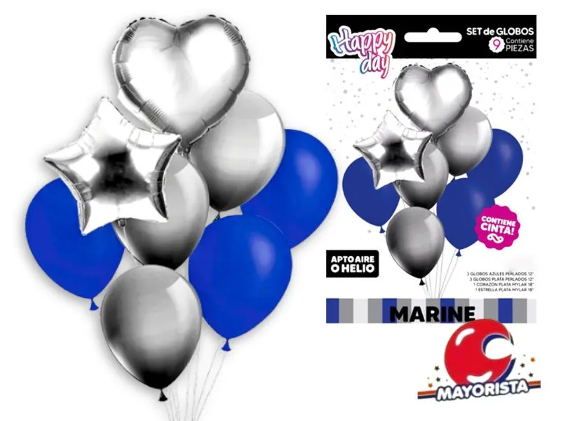 SET DE GLOBOS 9 PCS CORAZON Y ESTRELLA MARINE (AZUL Y PLATA) - ARDITEX