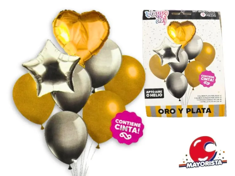 [7798319304041] SET DE GLOBOS 9 PCS CORAZON Y ESTRELLA ORO Y PLATA - ARDITEX