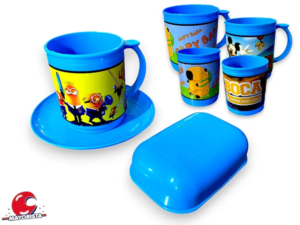 SET DE TAZA, PLATO Y JABONERA CELESTE C/PERSONAJES - TACAMAN