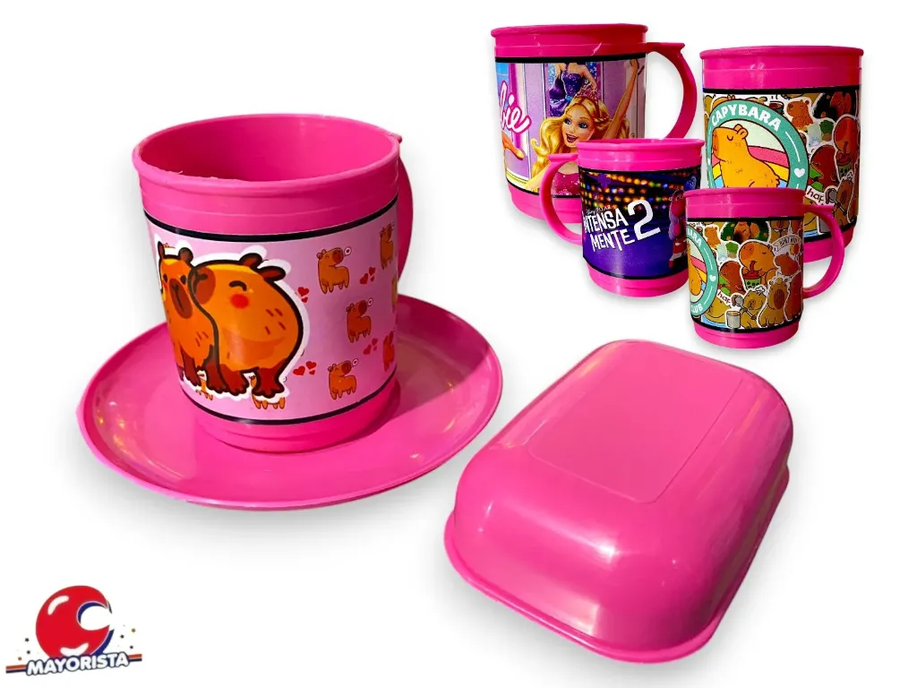 [9507] SET DE TAZA, PLATO Y JABONERA ROSA C/PERSONAJES (HECTOR)