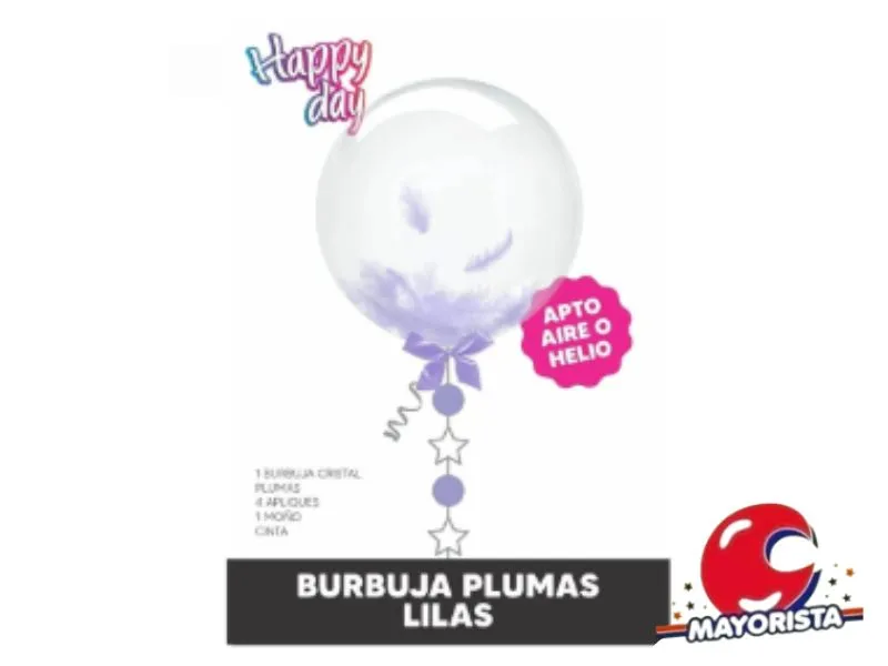 [7798371460754] SET GLOBO BURBUJA C/PLUMAS LILA, APLIQUE, MONO Y CINTA - ARDITEX