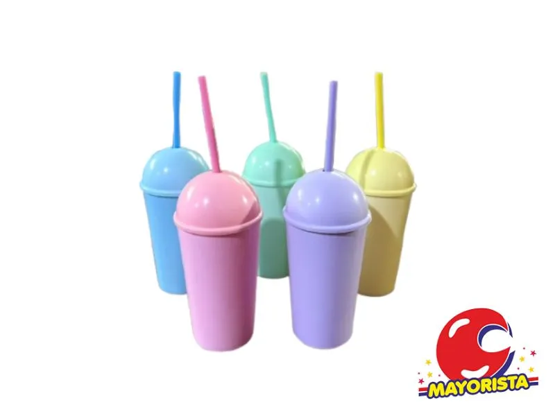 VASO PLASTICO PASTEL CON TAPA ESFERA Y SORBETE  16CM (4543) STILO