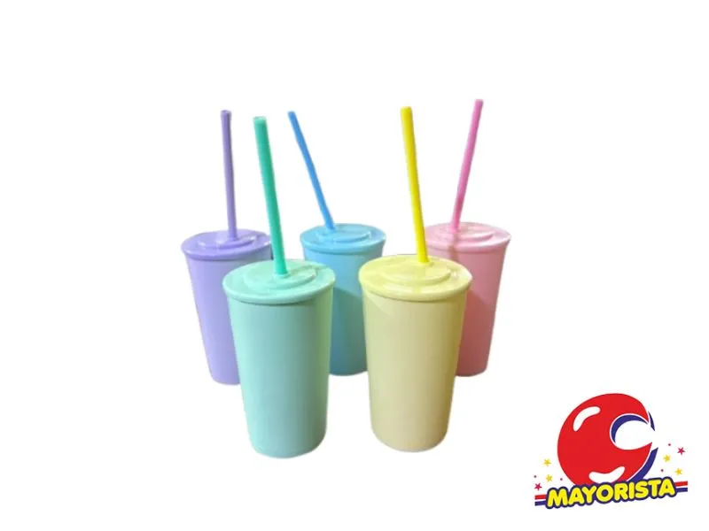 VASO PLASTICO PASTEL CON TAPA PLANA Y SORBETE 16CM (4543) STILO