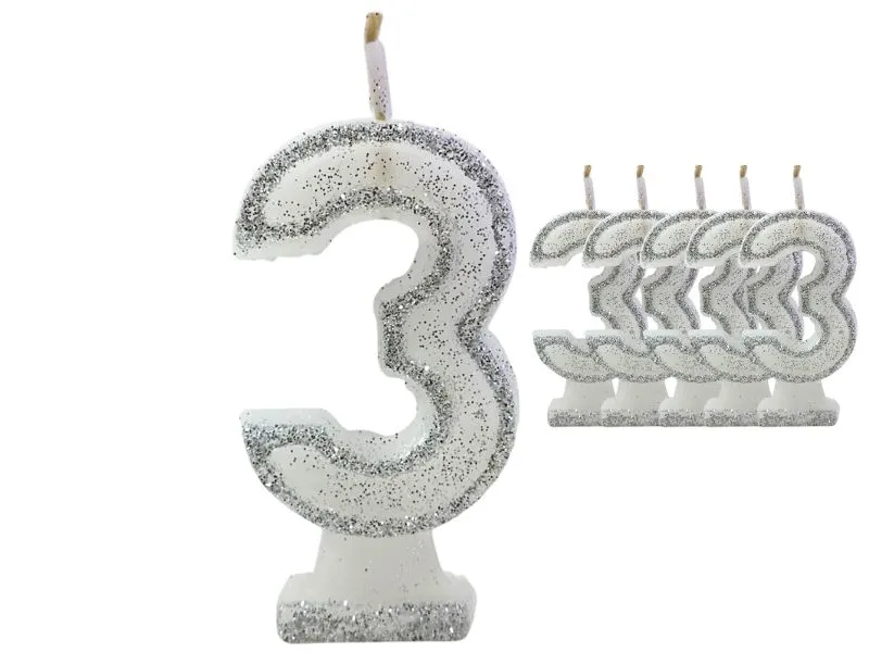 VELA NUMEROTE 3 BLANCA C/GIBRE X 1 (X10) - VELAS MULTICOLOR