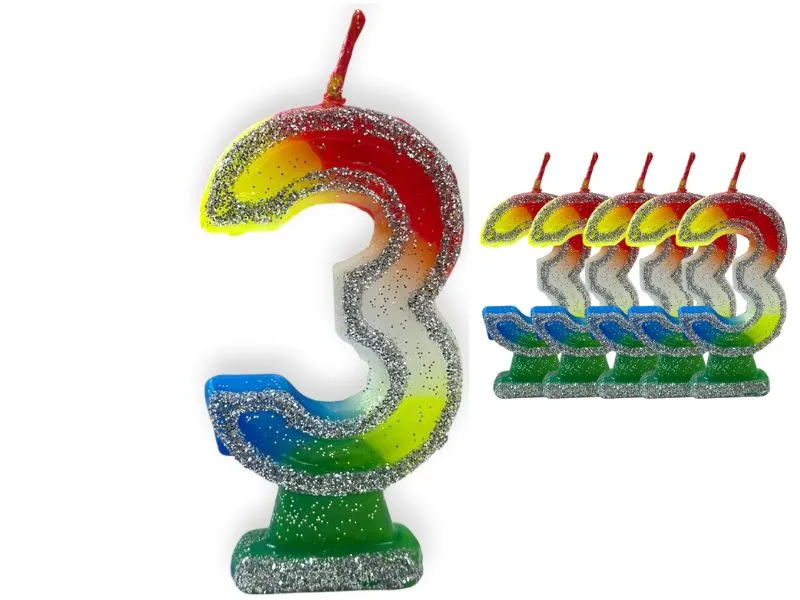 VELA NUMEROTE 3 MULTICOLOR C/GIBRE X 1 (X10) - VELAS MULTICOLOR