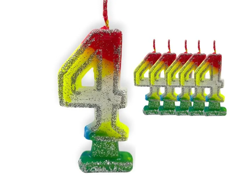 VELA NUMEROTE 4 MULTICOLOR C/GIBRE X 1 (X10) - VELAS MULTICOLOR
