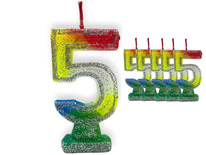 VELA NUMEROTE 5 MULTICOLOR C/GIBRE X 1 (X10) - VELAS MULTICOLOR