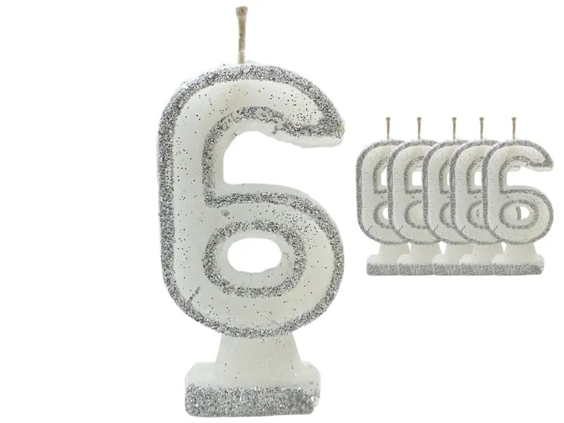 VELA NUMEROTE 6 BLANCA C/GIBRE X 1 (X10) - VELAS MULTICOLOR