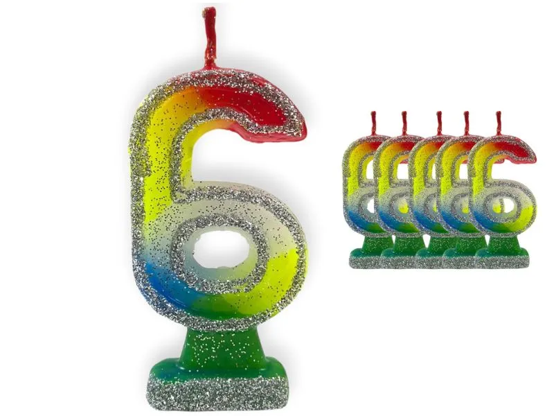 VELA NUMEROTE 6 MULTICOLOR C/GIBRE X 1 (X10) - VELAS MULTICOLOR