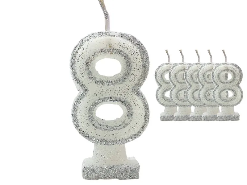 VELA NUMEROTE 8 BLANCA C/GIBRE X 1 (X10) - VELAS MULTICOLOR