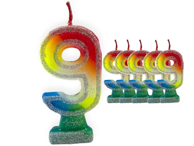 VELA NUMEROTE 9 MULTICOLOR C/GIBRE X 1 (X10) - VELAS MULTICOLOR