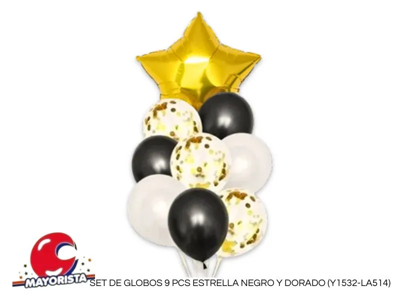 [2529] SET DE GLOBOS 9 PCS ESTRELLA NEGRO Y DORADO (Y1532-LA514) CHG