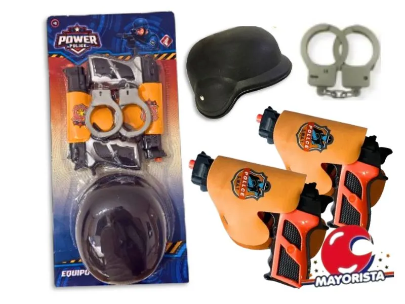 [7450077093109] SET POLICIA MEGA C/CASCO 2 PISTOLAS Y ESPOSAS BLISTER 52X25 (50792) KADA