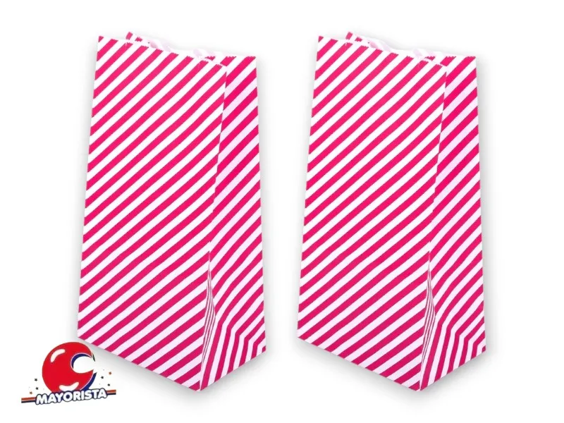 [6482] BOLSITA PAPEL X 10 FUCSIA RAYAS BLANCAS 15X25X8 (EVACOR)