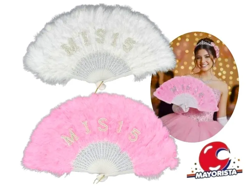 ABANICO CON PLUMAS MIS 15 BLANCO/ROSA 26 CM (YJ0865) YJ IMPORT