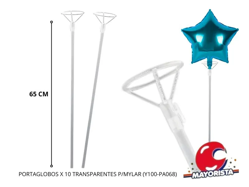 PORTAGLOBOS X 10 TRANSPARENTES 65CM P/MYLAR (YJ0831) YJ IMPORT