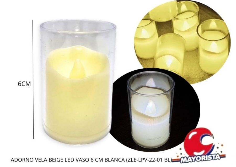 [3404] ADORNO VELA BEIGE LED VASO 6 CM BLANCA (ZLE-LPV-22-01 BL) ERIK