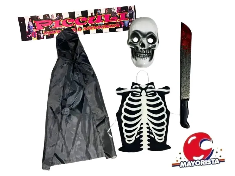 SET DISFRAZ ESQUELETO C/PECHERA,CAPA, BASTON CALAVERA Y CARETA (2003) PICCULI