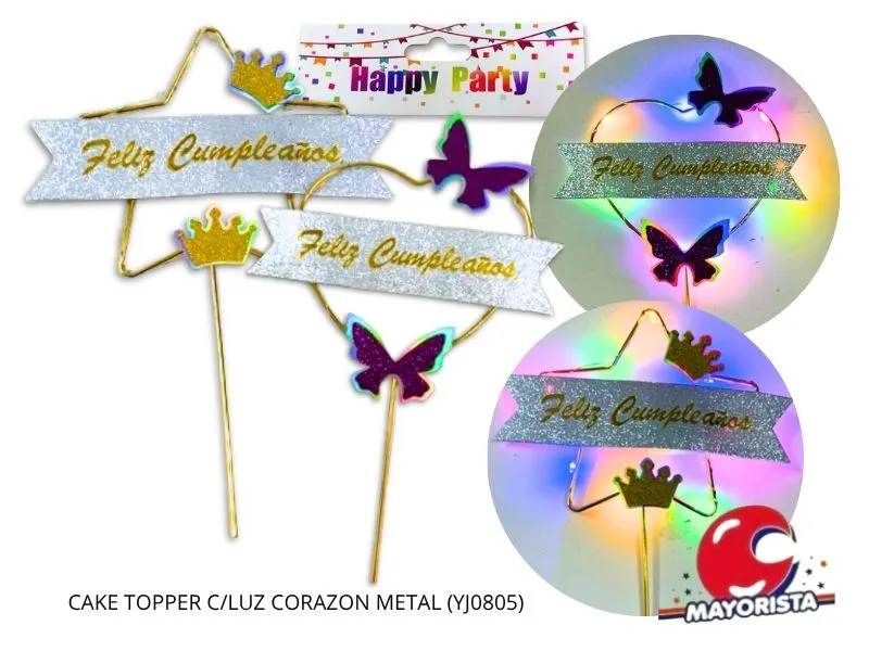 [8034107006780] CAKE TOPPER C/LUZ CORAZON/ESTRELLA METAL (YJ0805) YJ IMPORT
